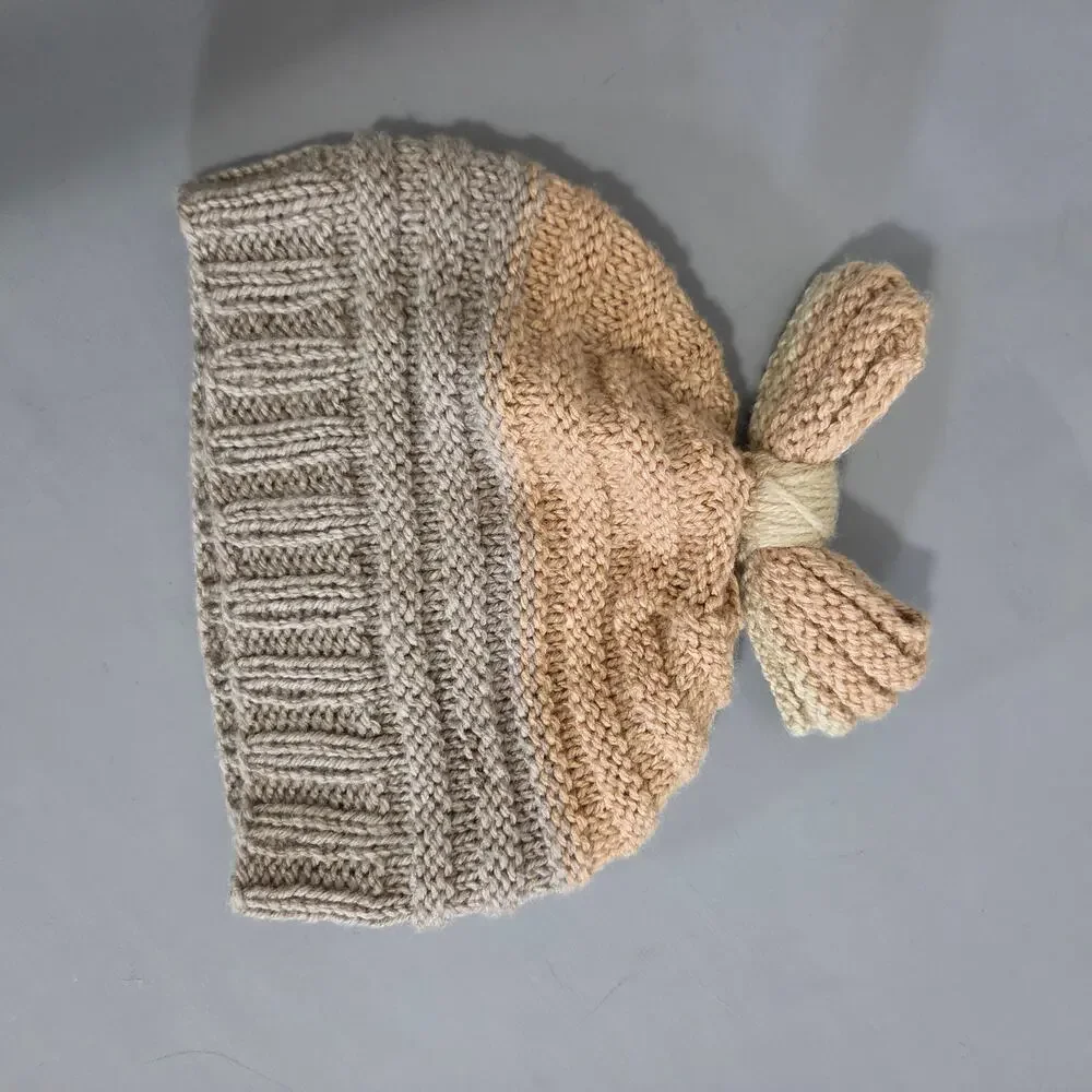 Handmade Knit Beanie Hat Womens OS Bow Pony Tail Hole Fall Winter Cute